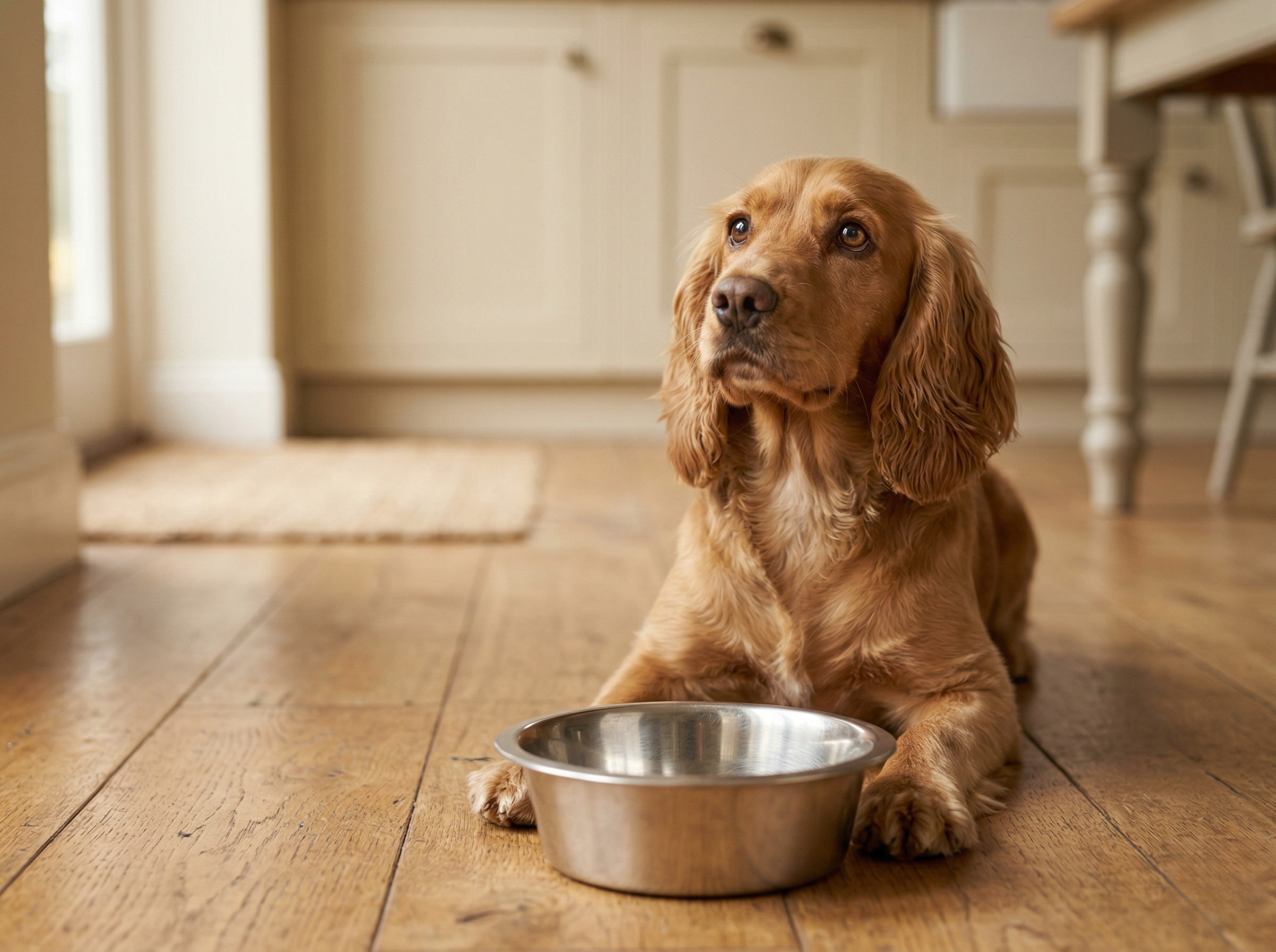 Cocker Spaniel waiting patiently by an empty bowl