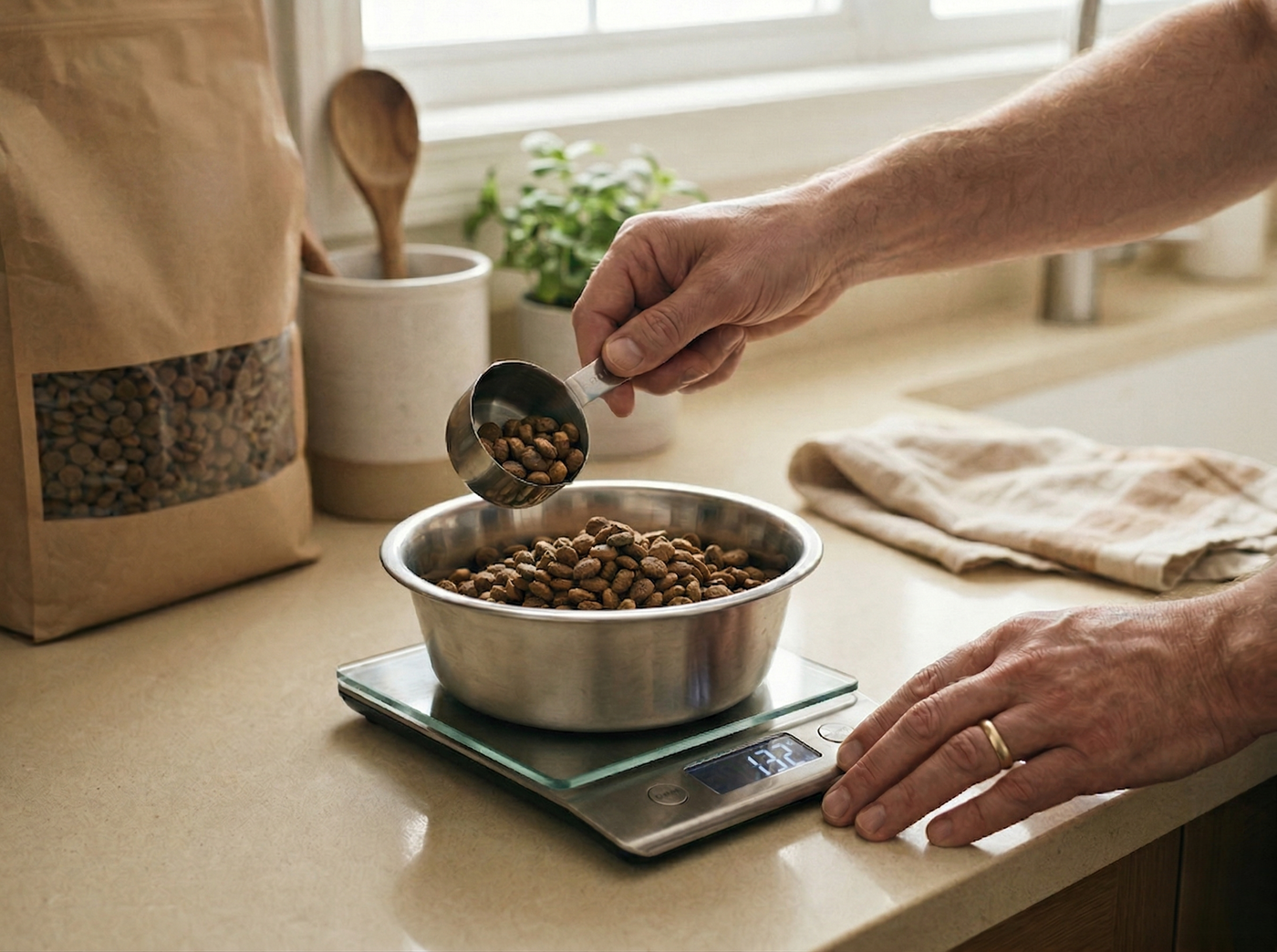 Owner carefully weighing pet food on a kitchen scale